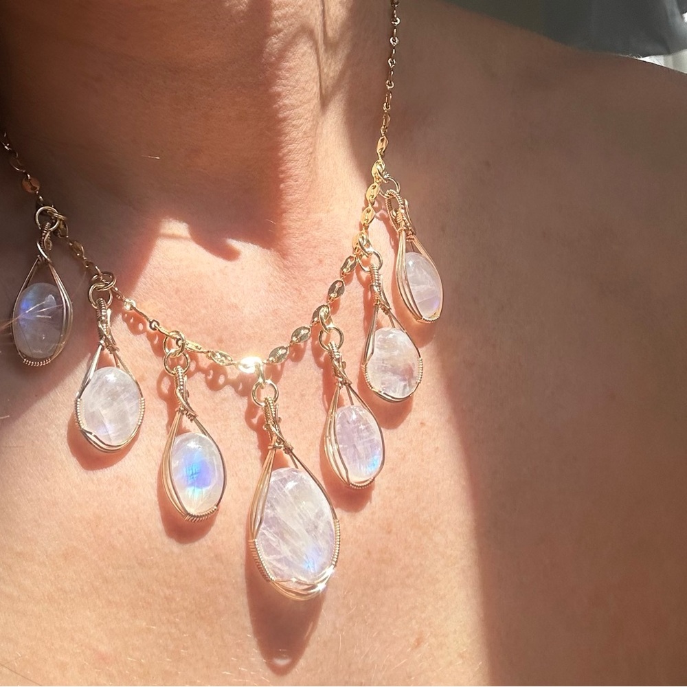 14k Gold Filled Rainbow Moonstone Gypsy Boho Necklace